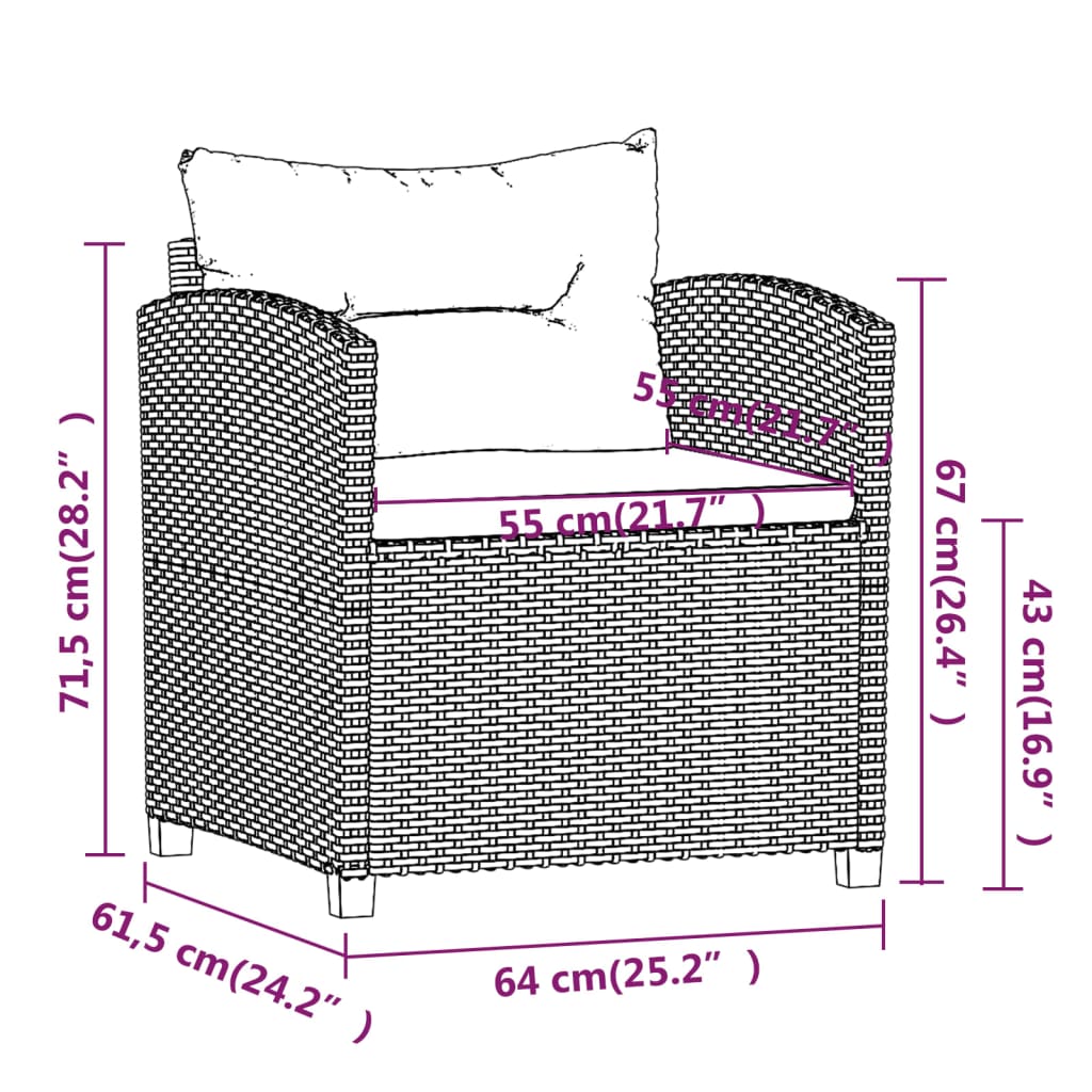 vidaXL 3-delige Loungeset met kussens poly rattan grijs