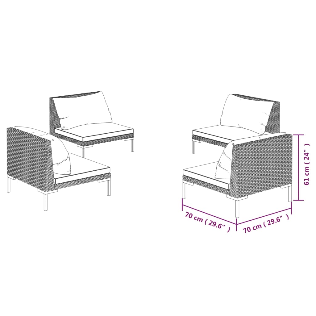 vidaXL 4-delige Loungeset met kussens poly rattan donkergrijs