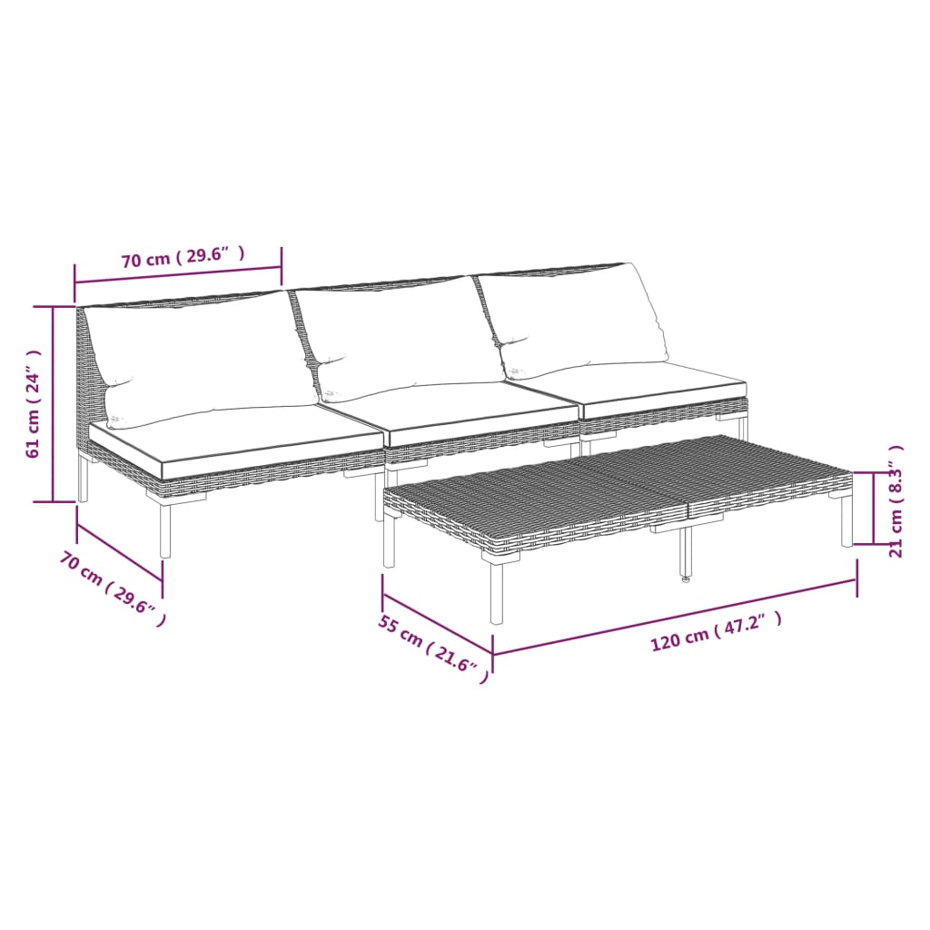 vidaXL 4-delige Loungeset met kussens poly rattan donkergrijs
