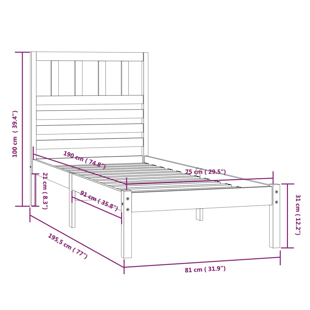 vidaXL Bedframe massief grenenhout 75x190 cm