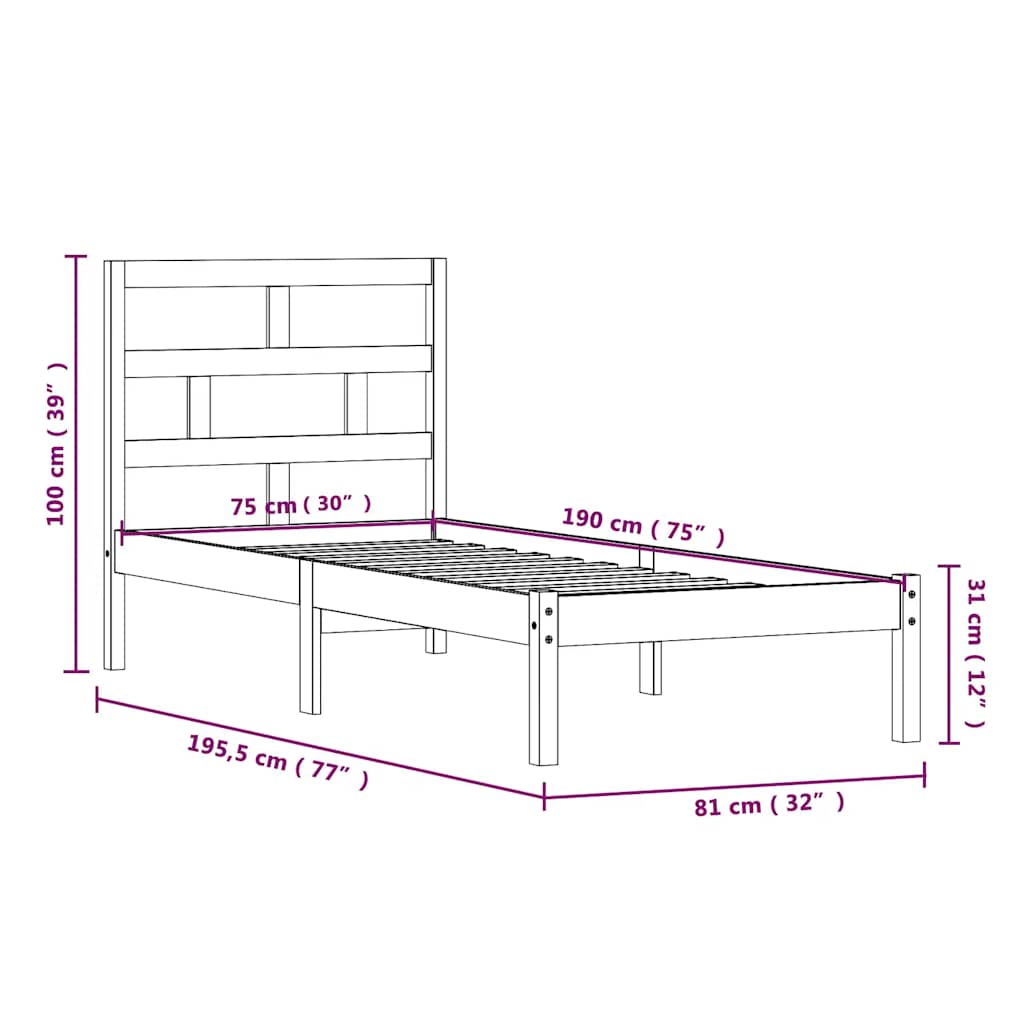 vidaXL Bed Frame Solid Wood 75x190 cm