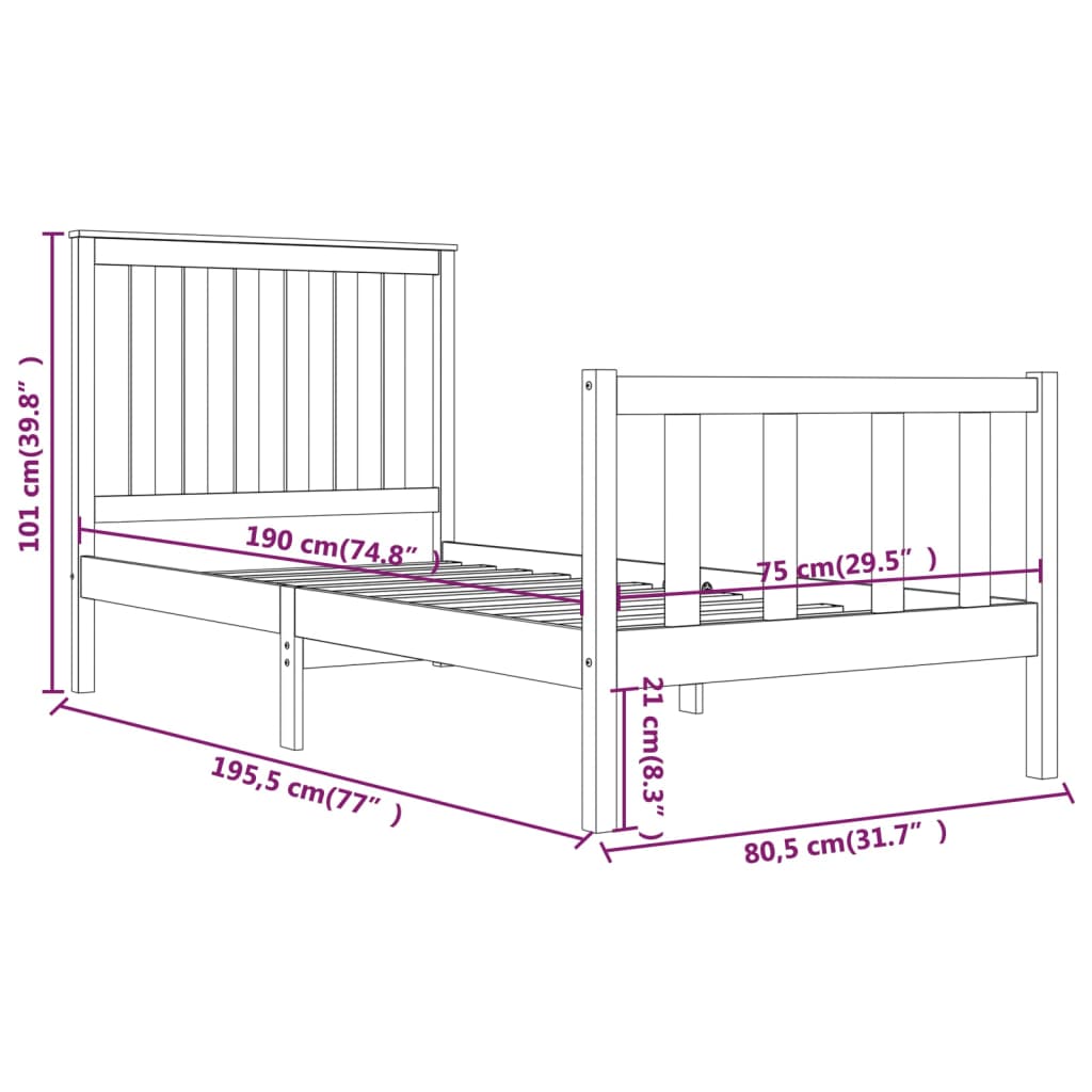 vidaXL Bedframe massief grenenhout zwart 75x190 cm