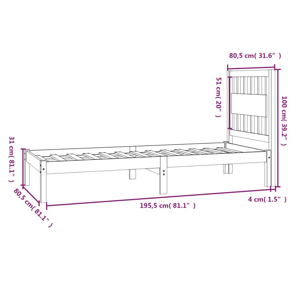 vidaXL Bedframe massief grenenhout zwart 75x190 cm