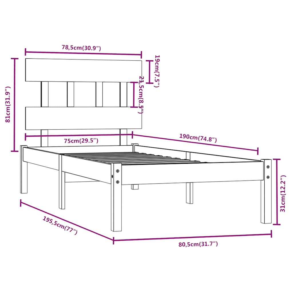 vidaXL Bed frame solid wood black 75x190 cm
