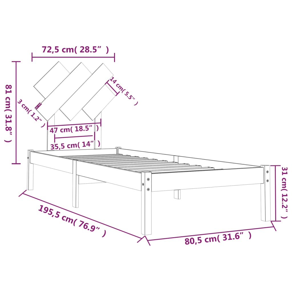 vidaXL Bed frame solid wood black 75x190 cm