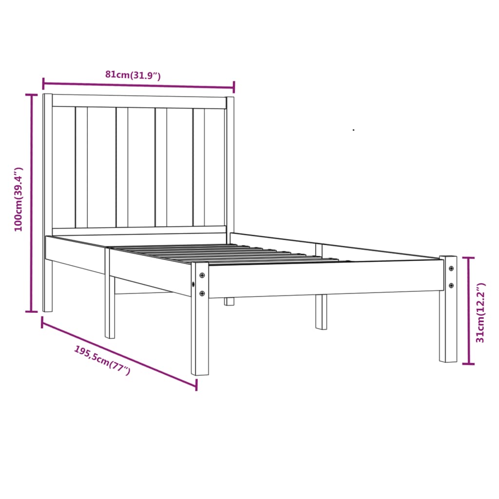 vidaXL Bedframe massief grenenhout zwart 75x190 cm