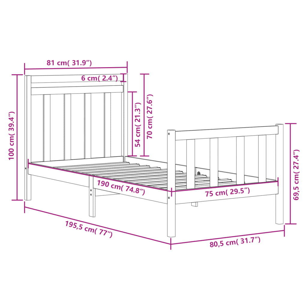 vidaXL Bed frame solid wood black 75x190 cm