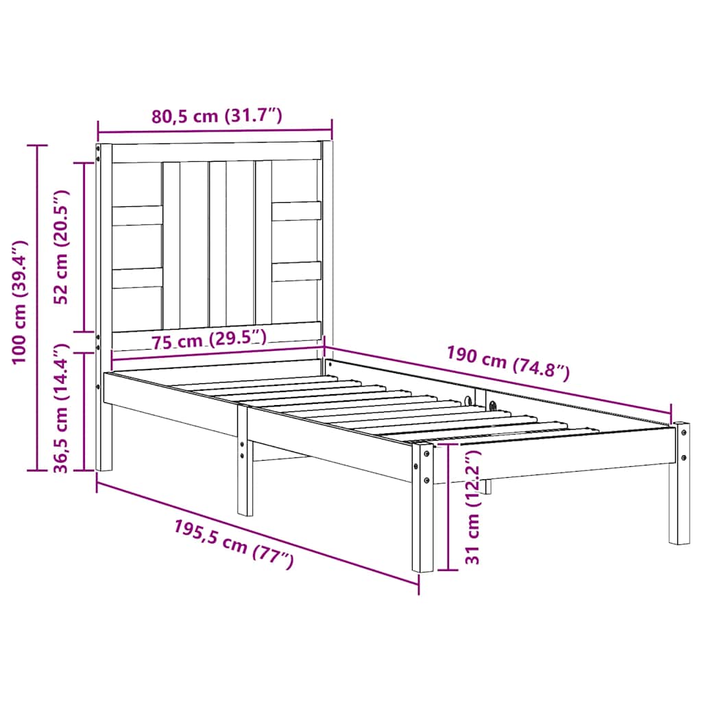 vidaXL Bed frame solid wood black 75x190 cm