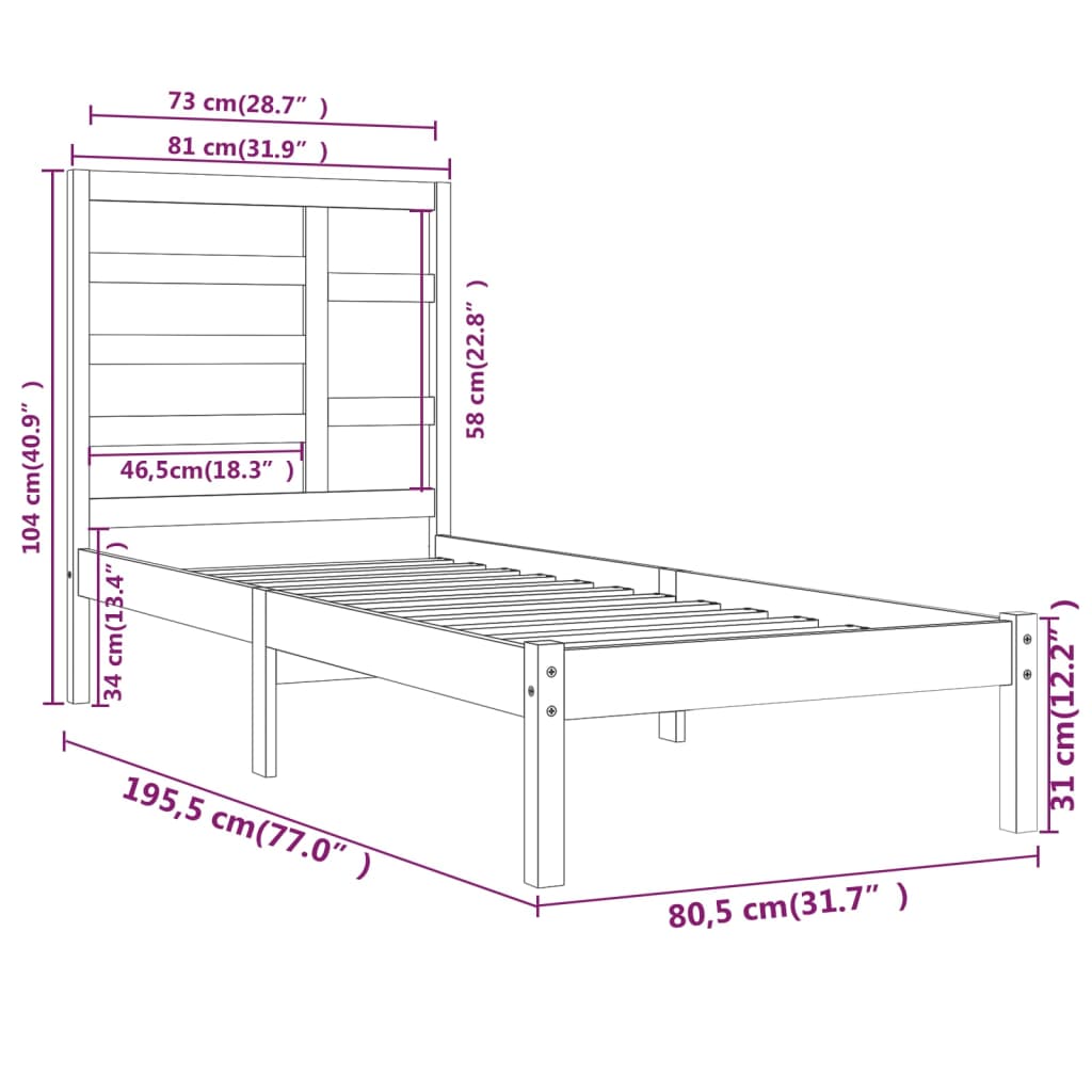 vidaXL Bedframe massief hout zwart 75x190 cm
