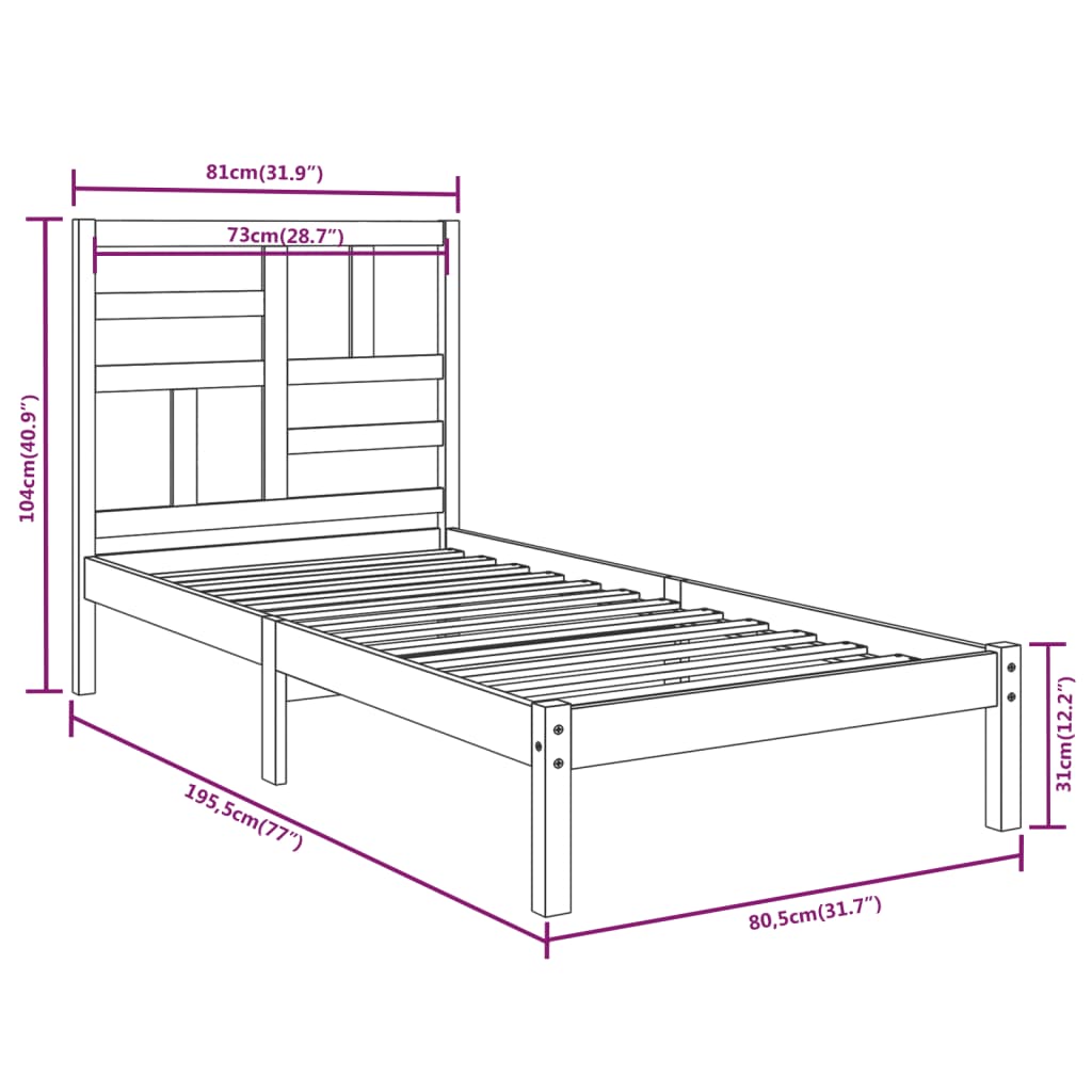 vidaXL Bed Frame Solid Wood 75x190 cm