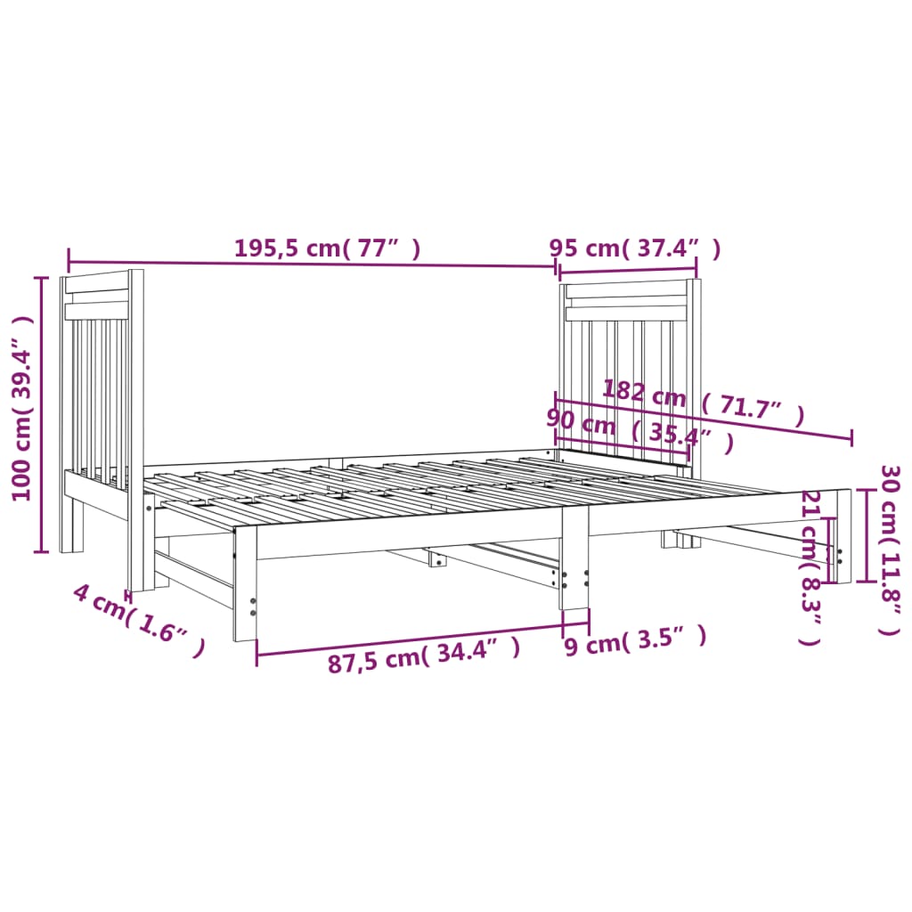 vidaXL Slaapbank uitschuifbaar massief grenenhout 2x(90x190) cm