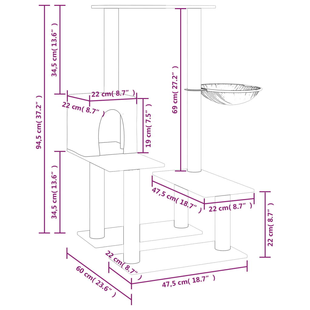 vidaXL Cat Tree with Sisal Scratching Posts 94.5 cm Cream