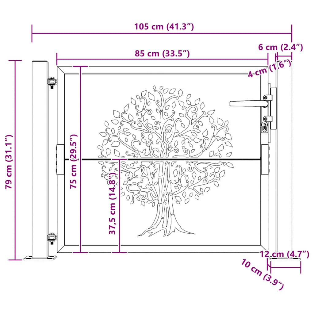 vidaXL Gate 100x75 cm Tree Design Corten Steel