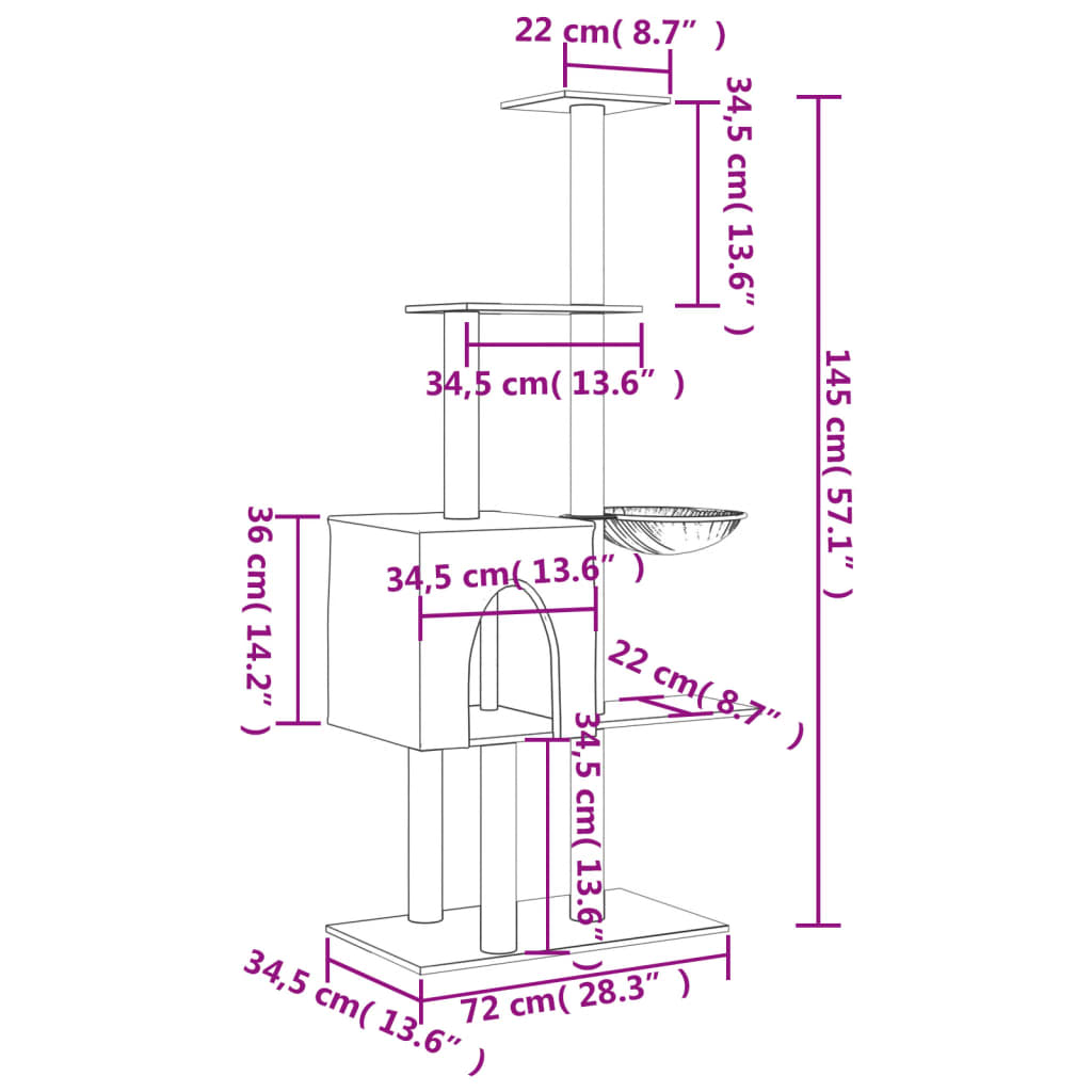 vidaXL Cat Tree with Sisal Scratching Posts 145 cm Cream