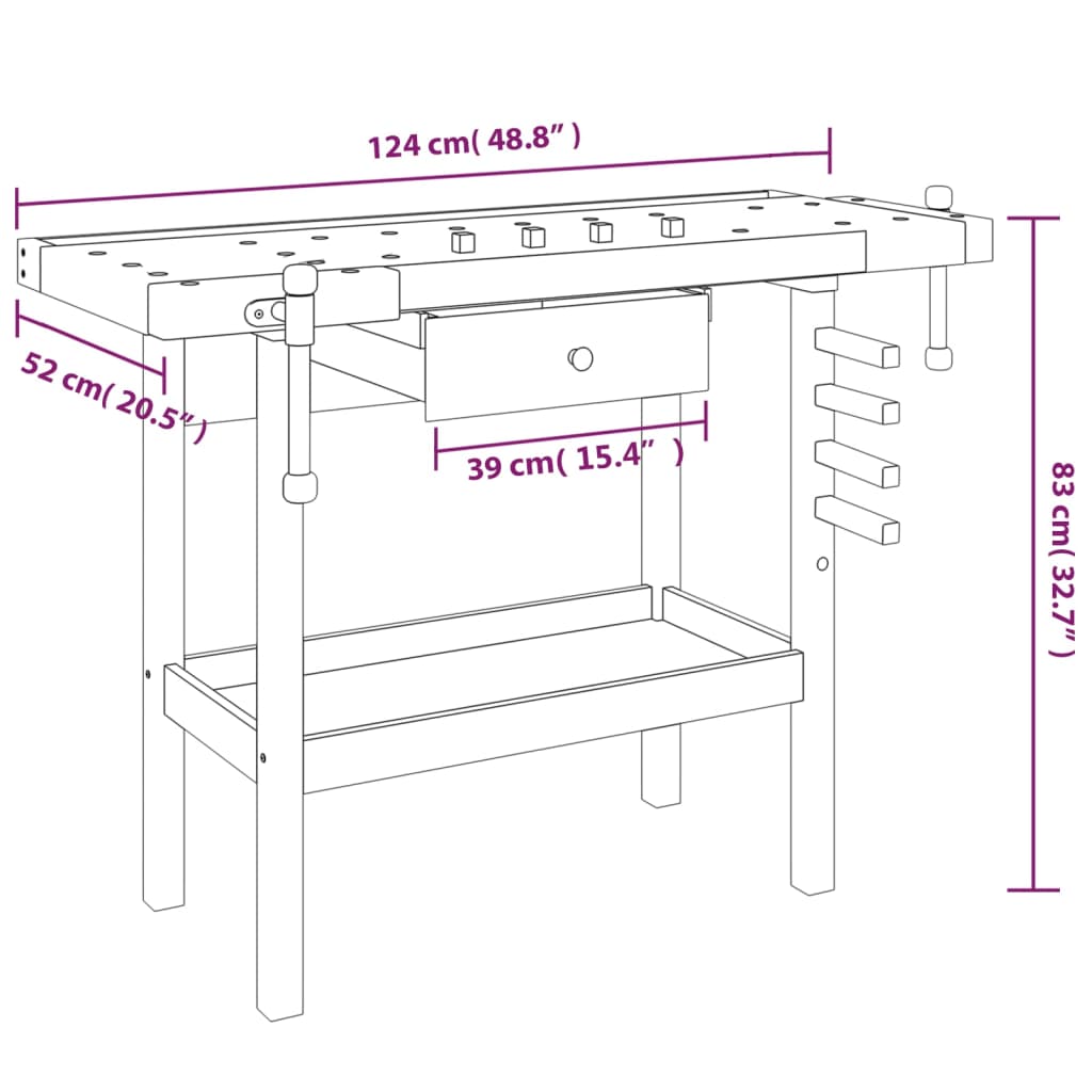 vidaXL Workbench with Drawer and Vises 124x52x83 cm Solid Acacia Wood