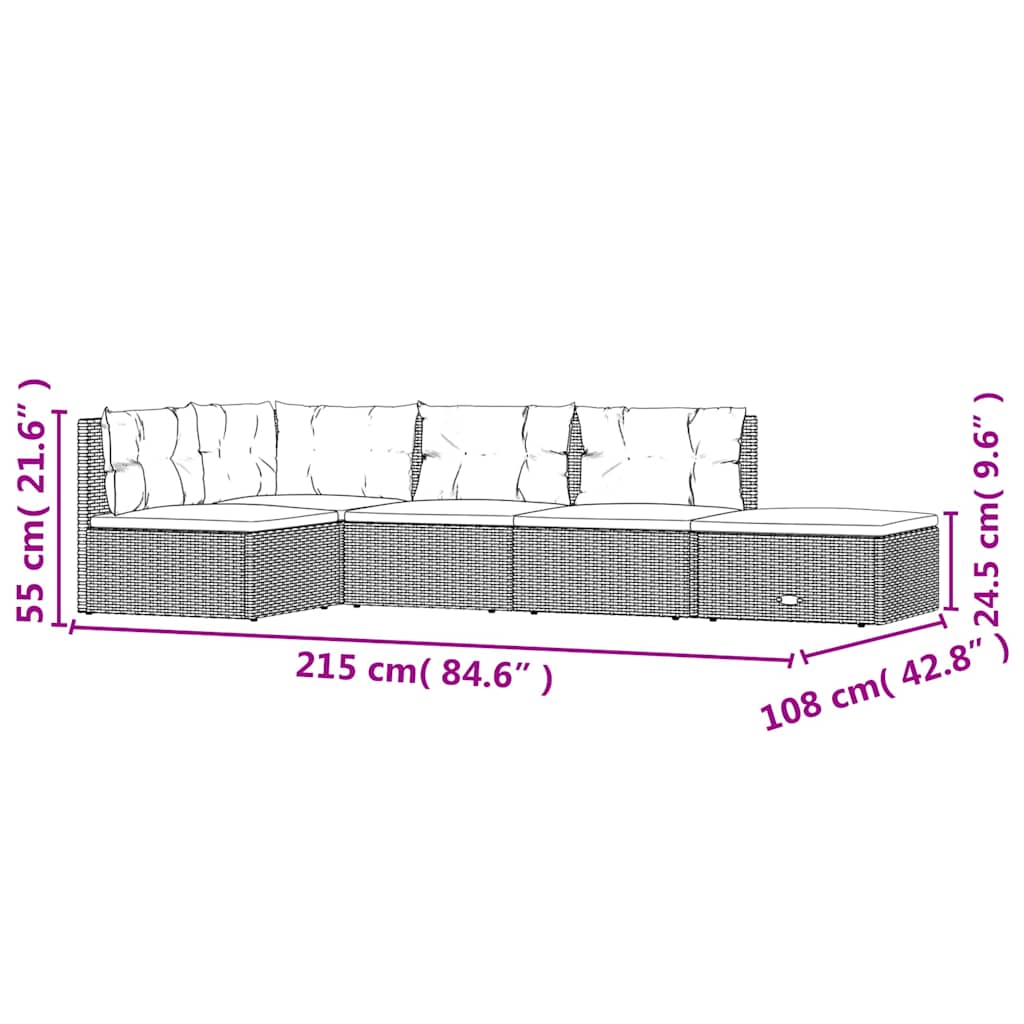 vidaXL 5-delige Loungeset met kussens poly rattan zwart