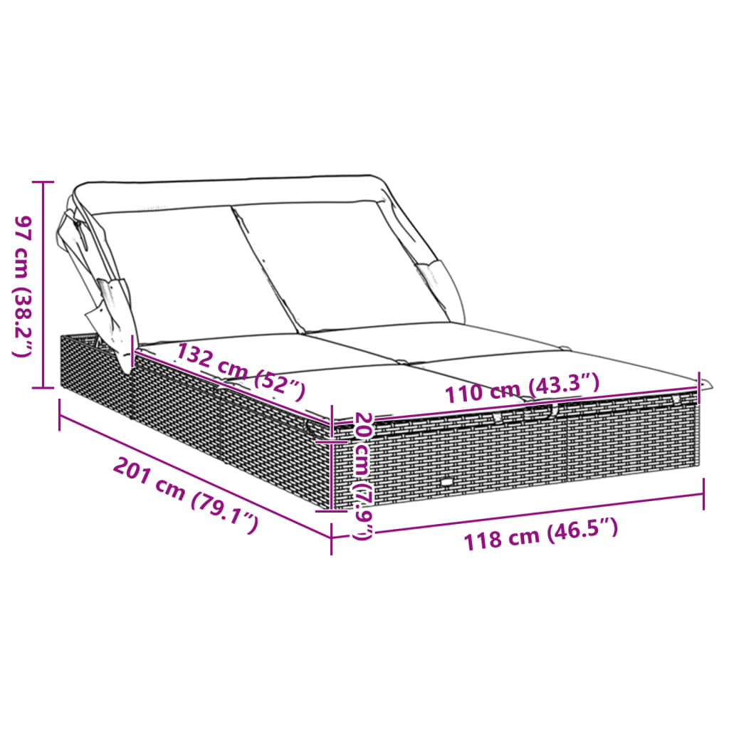 vidaXL Ligbed 2-persoons met dak 213x118x97 cm poly rattan bruin