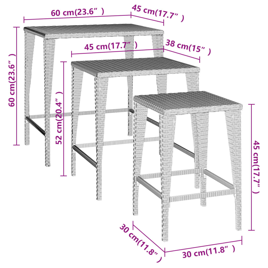 vidaXL Tafeltjesset 3 st poly rattan zwart