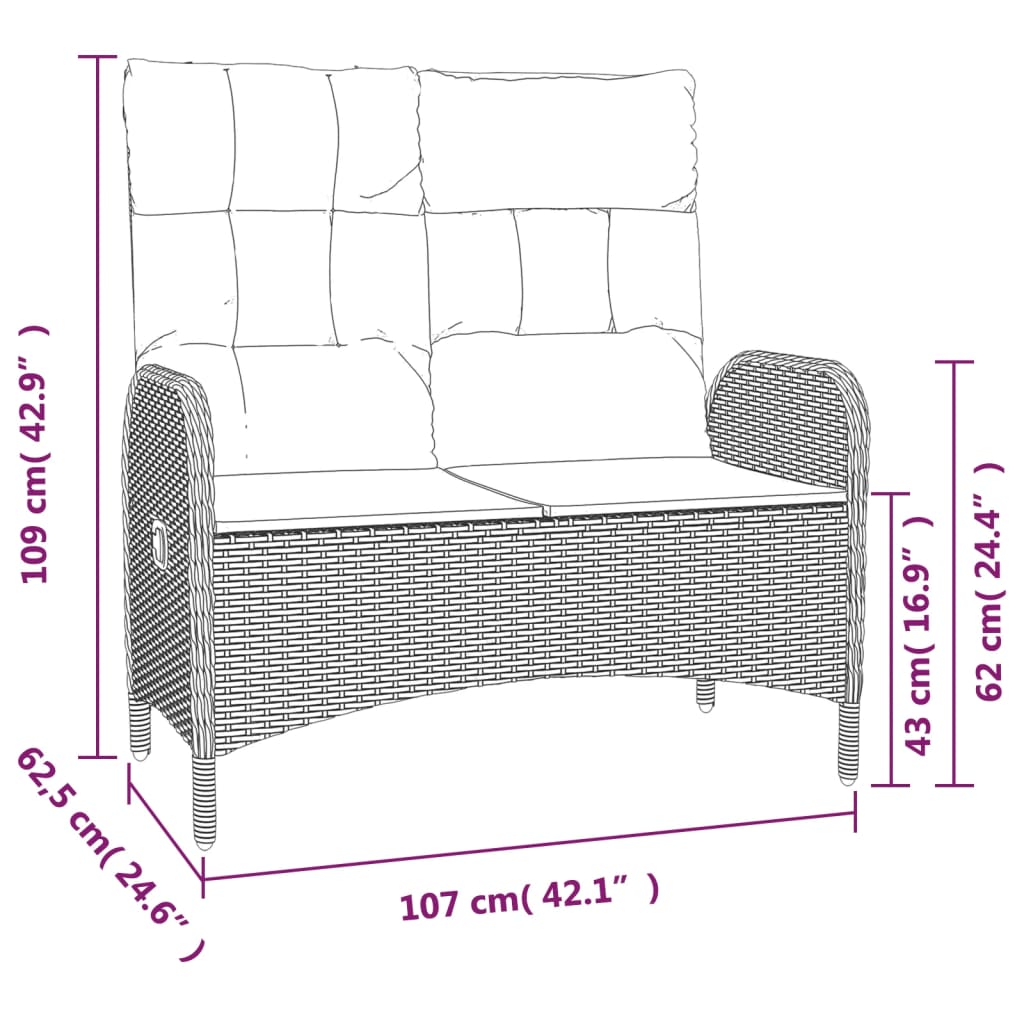 vidaXL Garden bench adjustable with cushions 107 cm poly rattan grey
