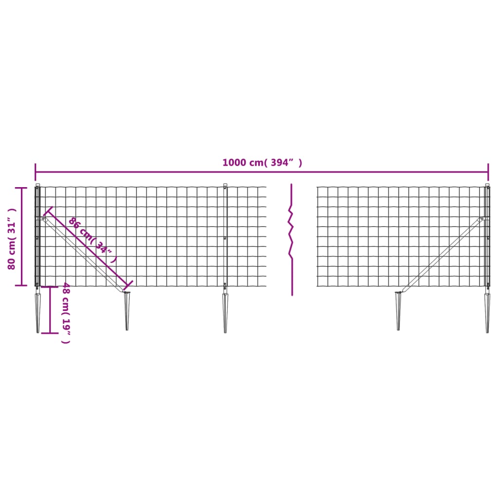 vidaXL Wire Mesh Fence with Ground Anchors 0.8x10 m Green