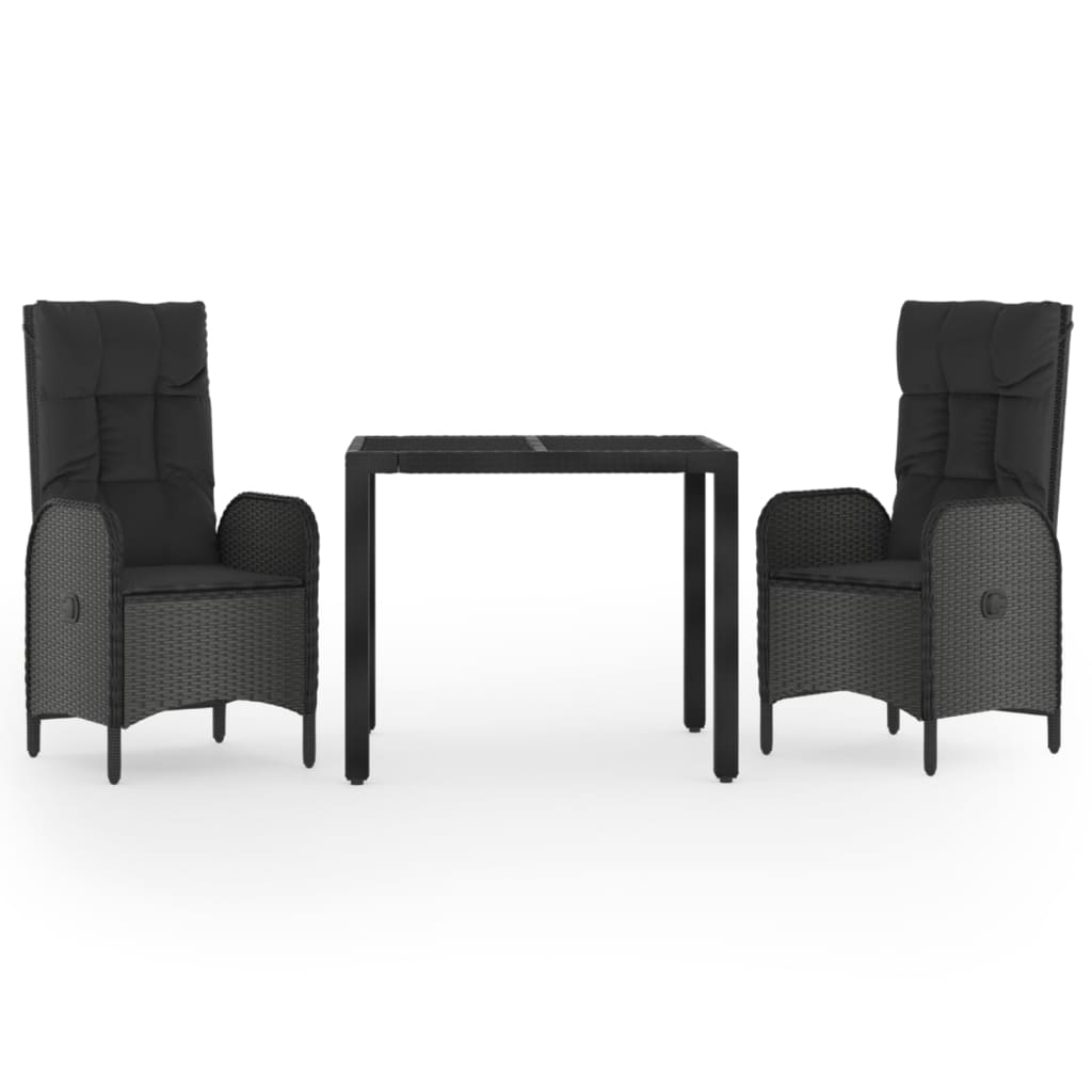 vidaXL 3-delige Tuinset met kussens poly rattan zwart