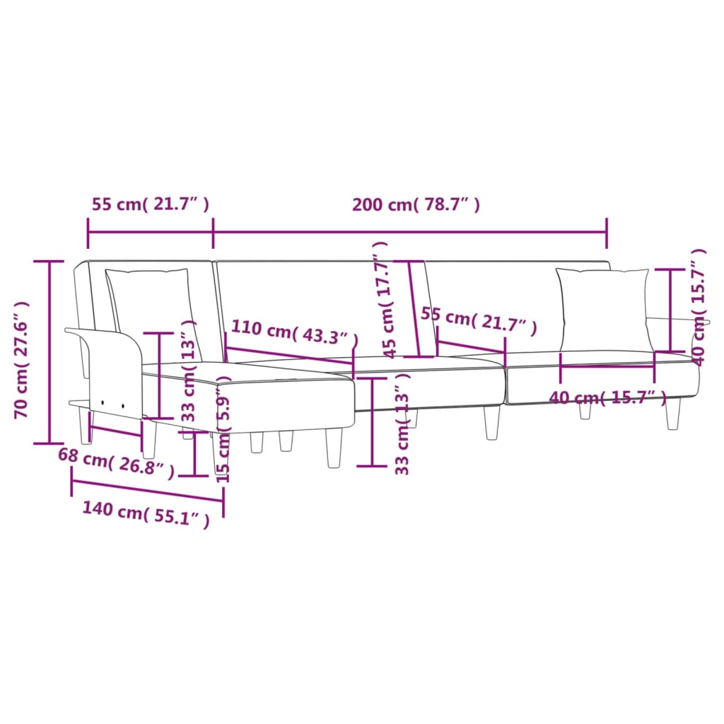 vidaXL Slaapbank L-vormig 279x140x70 cm stof lichtgrijs