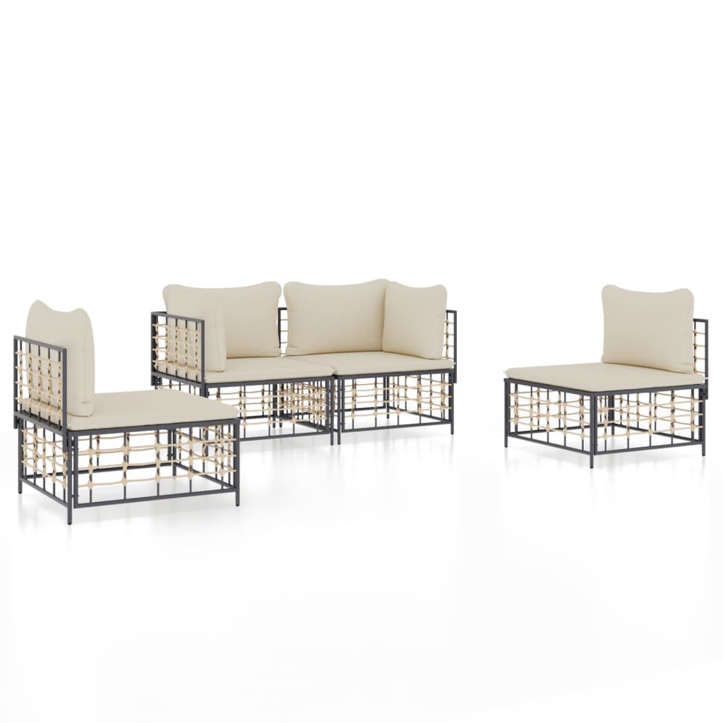 vidaXL 4-delige Loungeset met kussens poly rattan antracietkleurig