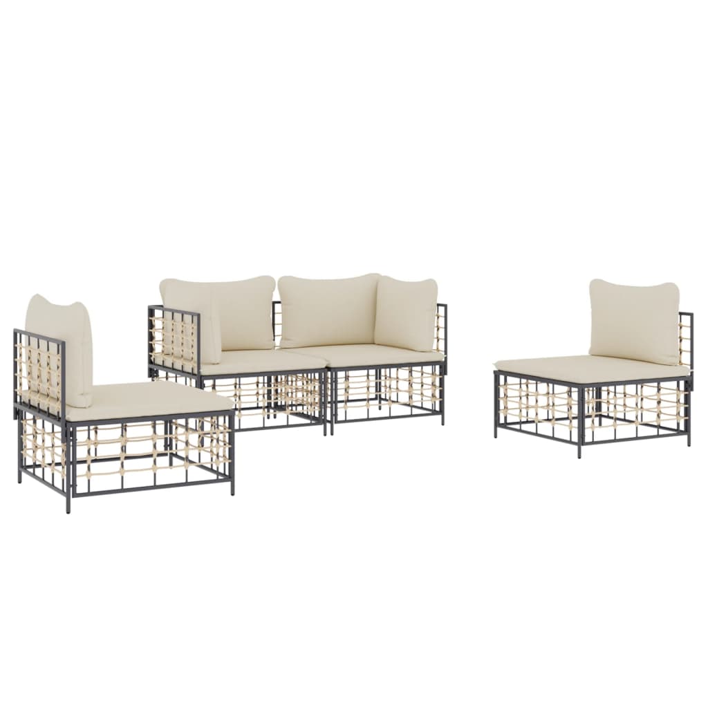 vidaXL 4-delige Loungeset met kussens poly rattan antracietkleurig