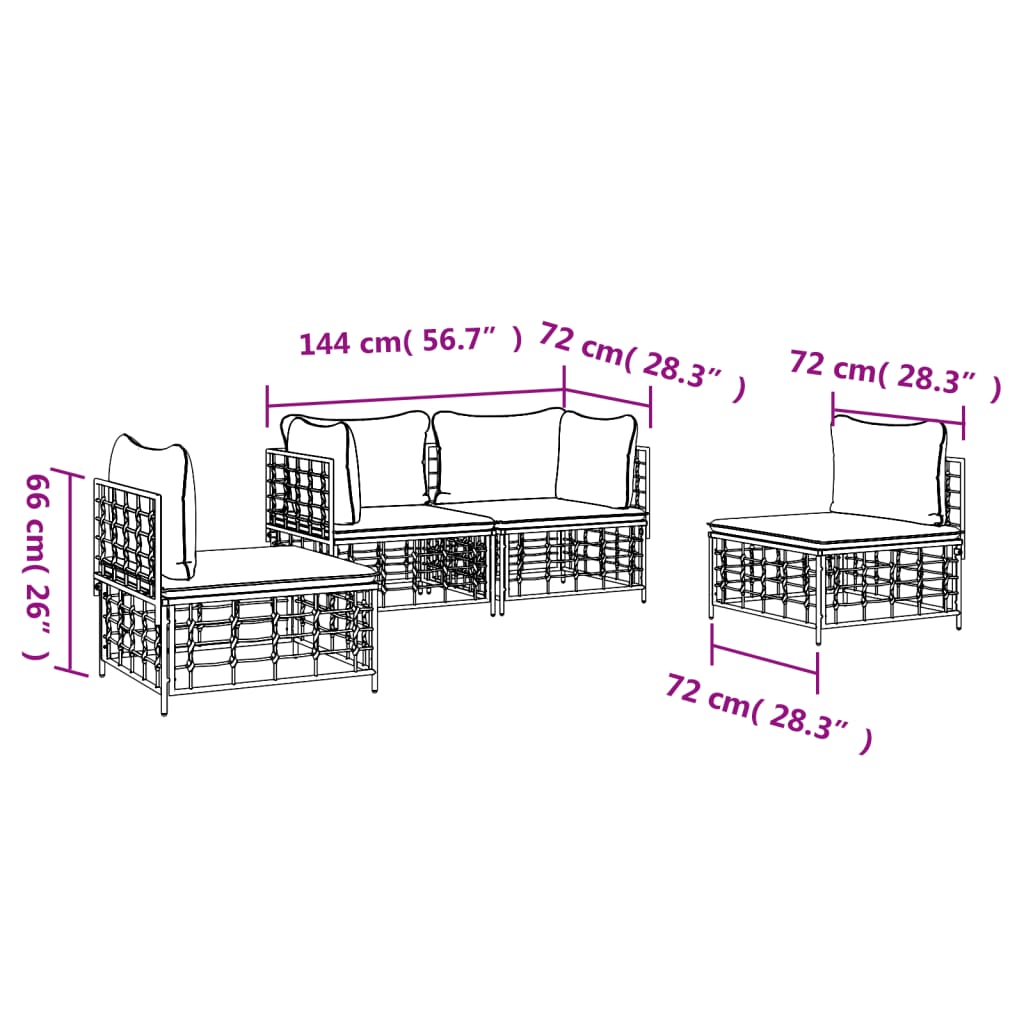 vidaXL 4-delige Loungeset met kussens poly rattan antracietkleurig