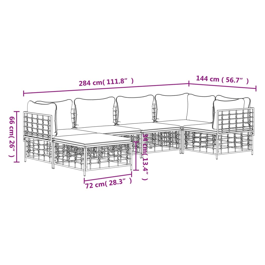 vidaXL 6-delige Loungeset met kussens poly rattan antracietkleurig