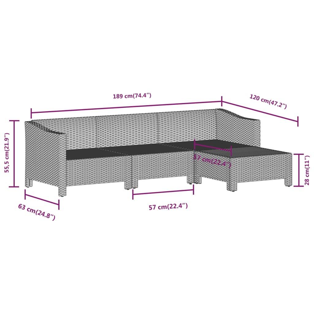 vidaXL 4-delige Loungeset met kussens poly rattan grijs