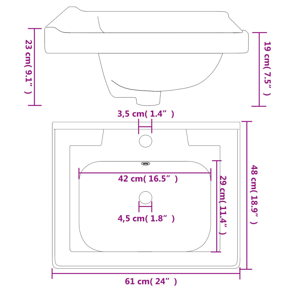 vidaXL Rectangular Wash Basin 61x48x23 cm Ceramic White