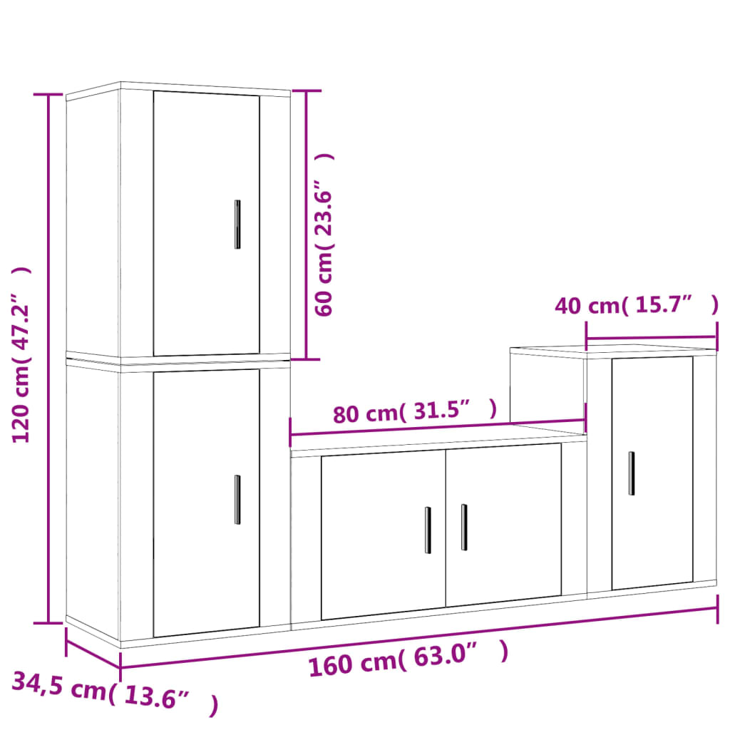 vidaXL 4-delige Tv-meubelset bewerkt hout hoogglans wit