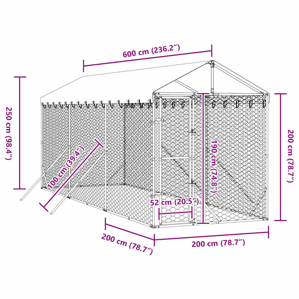 vidaXL Hondenkennel met dak 2x6x2,5 m gegalvaniseerd staal zilver