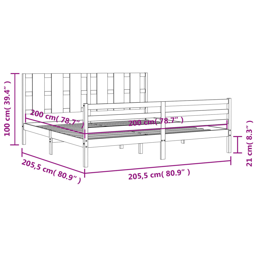 vidaXL Bedframe met hoofdbord massief hout grijs 200x200 cm