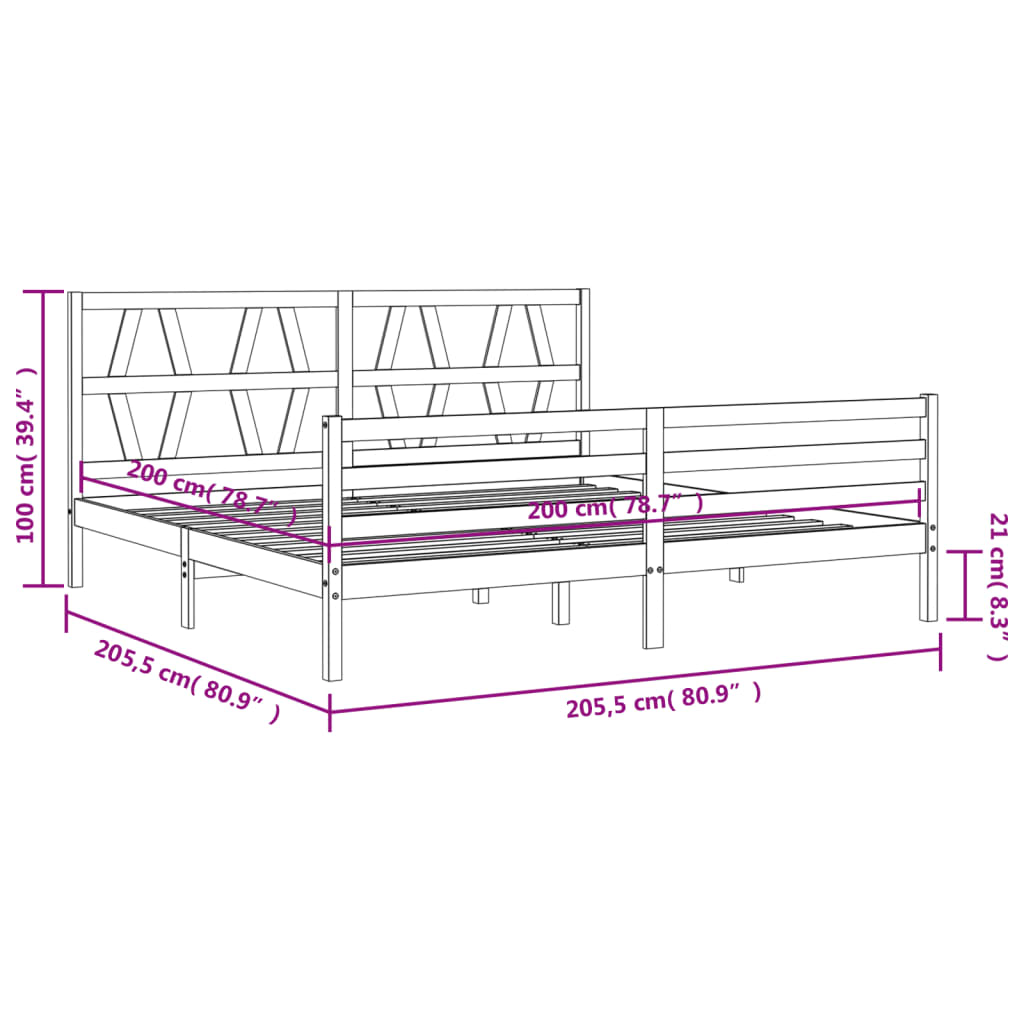 vidaXL Bed Frame with Headboard Solid Wood Grey 200x200 cm