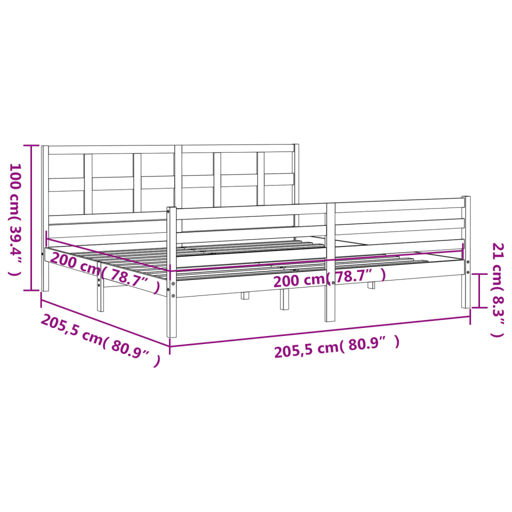 vidaXL Bed Frame with Headboard Solid Wood Grey 200x200 cm