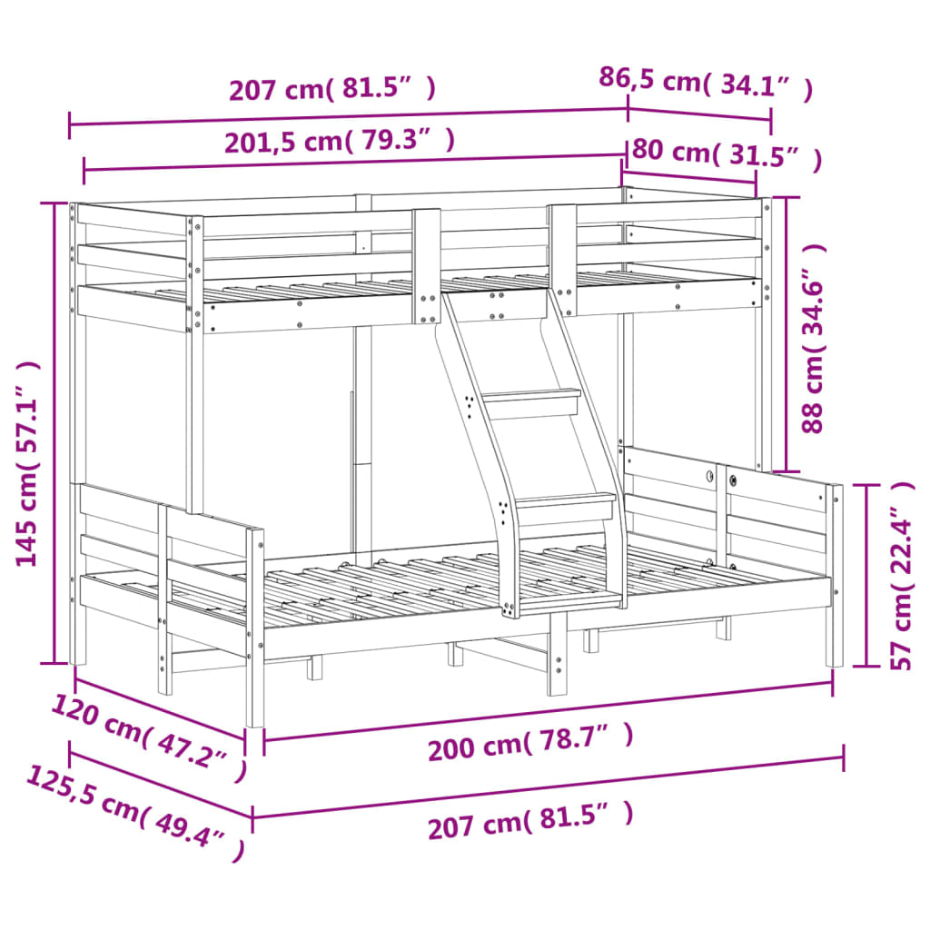 vidaXL Stapelbed massief grenenhout 80x200/120x200 cm