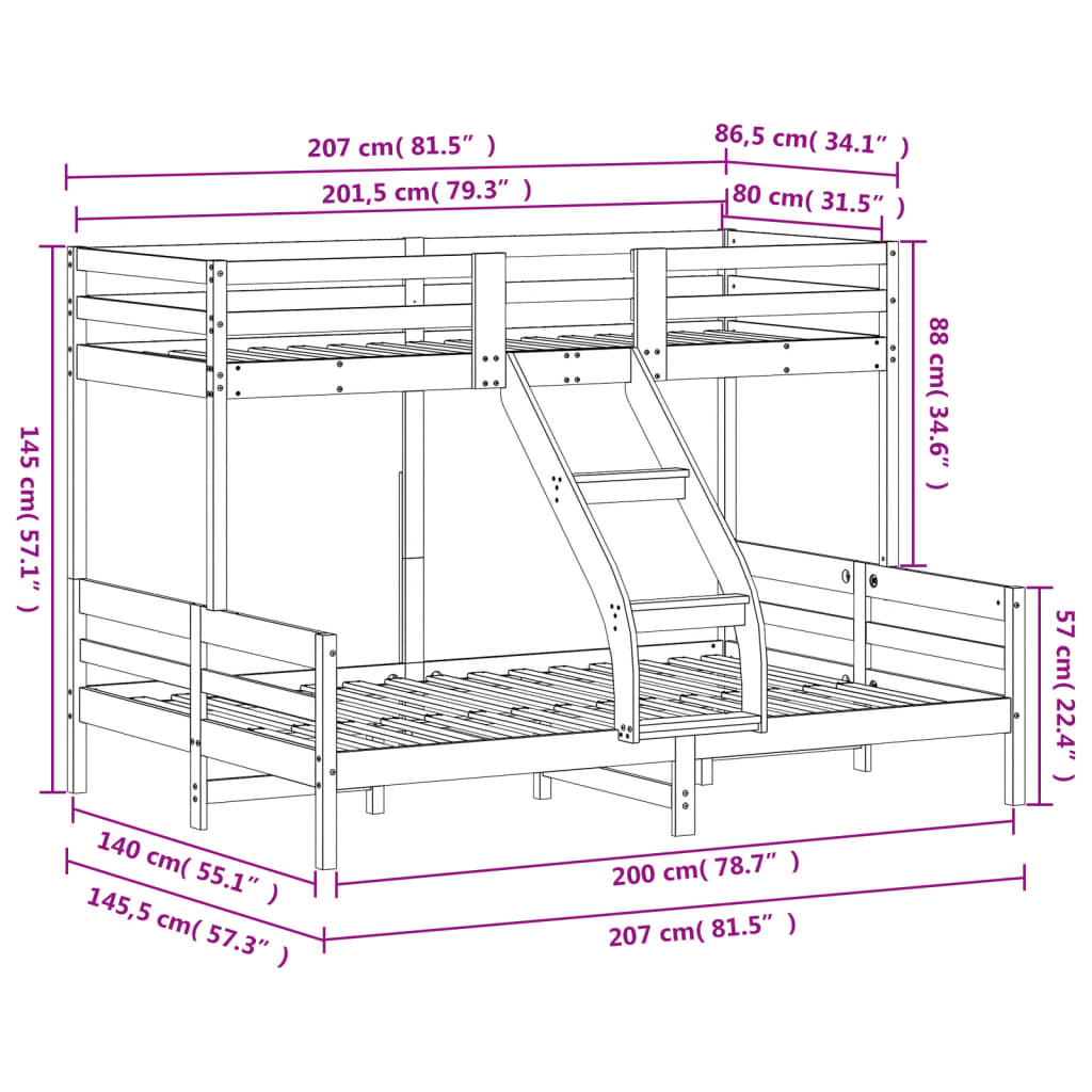 vidaXL Stapelbed massief grenenhout 80x200/140x200 cm