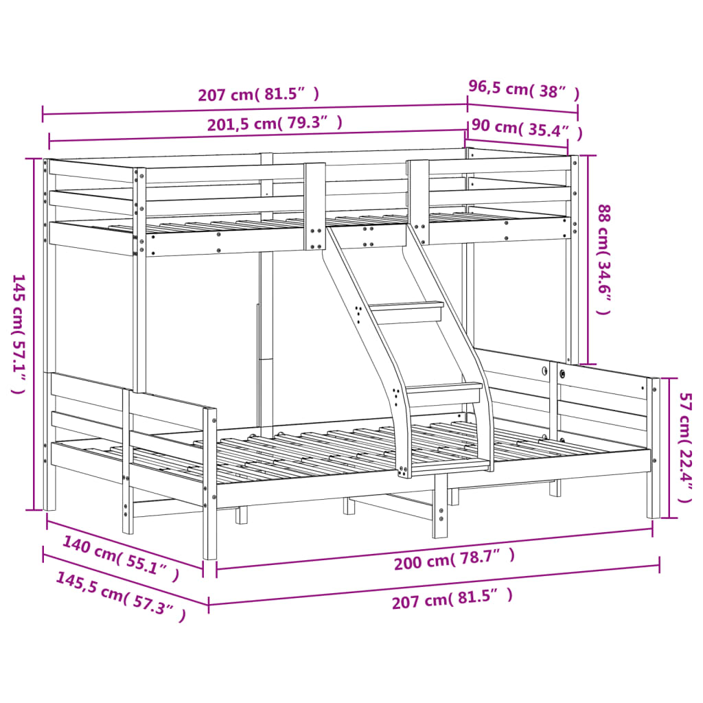 vidaXL Stapelbed massief grenenhout wit 90x200/140x200 cm