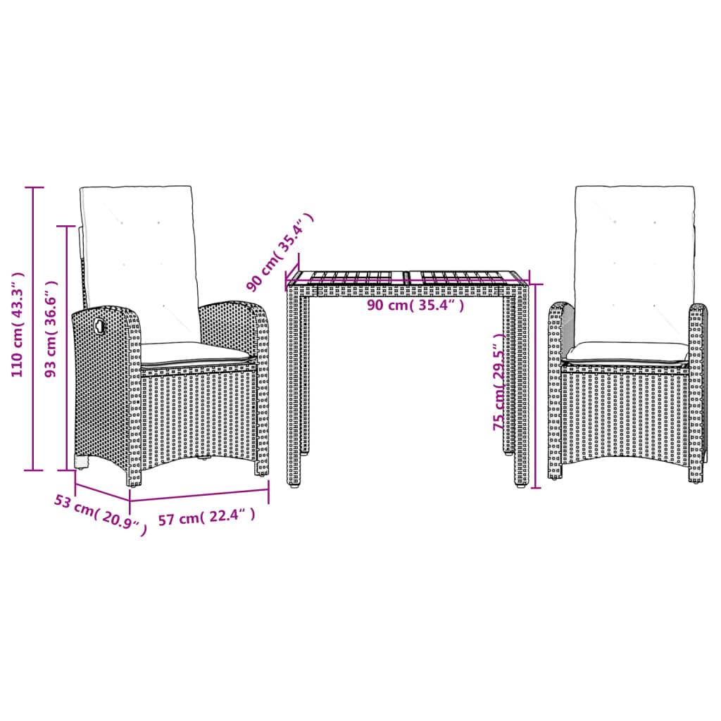 vidaXL 3-Piece Garden Lounge Set with Cushions Poly Rattan Black