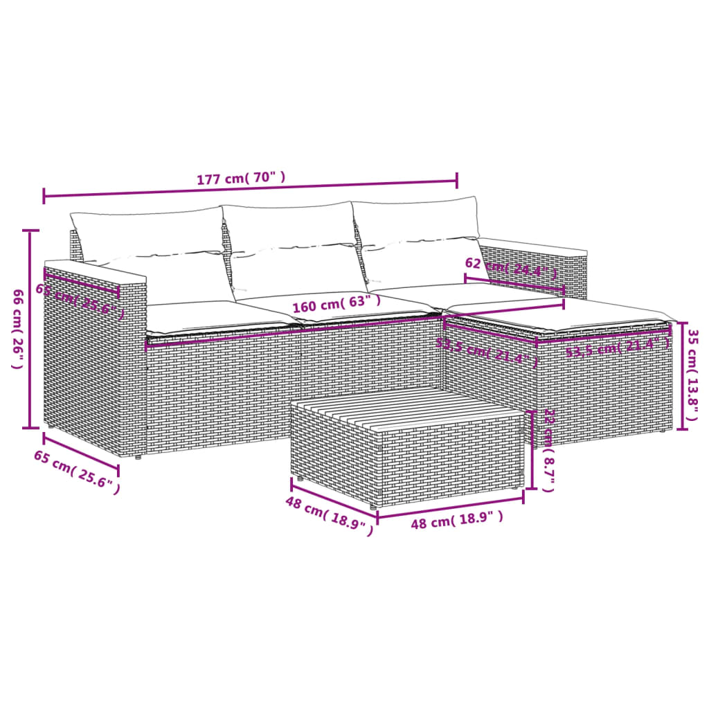 vidaXL 5-delige Loungeset met kussens poly rattan acacia zwart