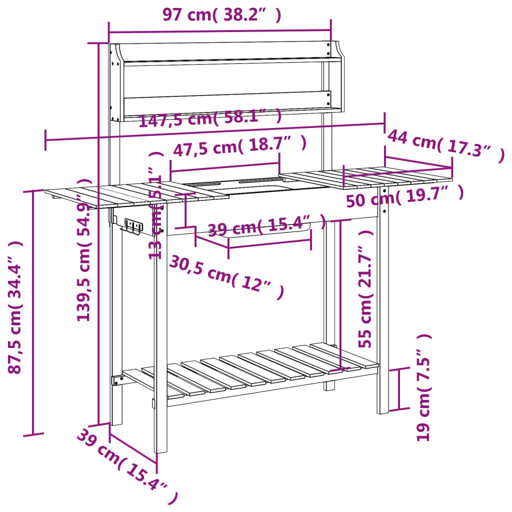 vidaXL Oppottafel met spoelbak 147,5x44x139,5 cm massief vurenhout
