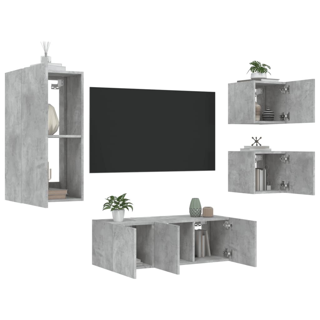 vidaXL 5-delige Tv-wandmeubelset met LED bewerkt hout betongrijs