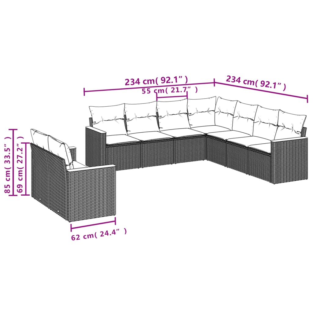 vidaXL 9-delige Loungeset met kussens poly rattan zwart
