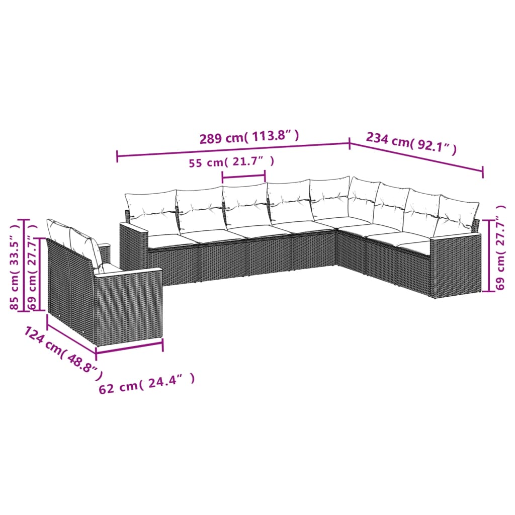 vidaXL ensemble de 10 banques de jardin avec coussins en polyrotan noir