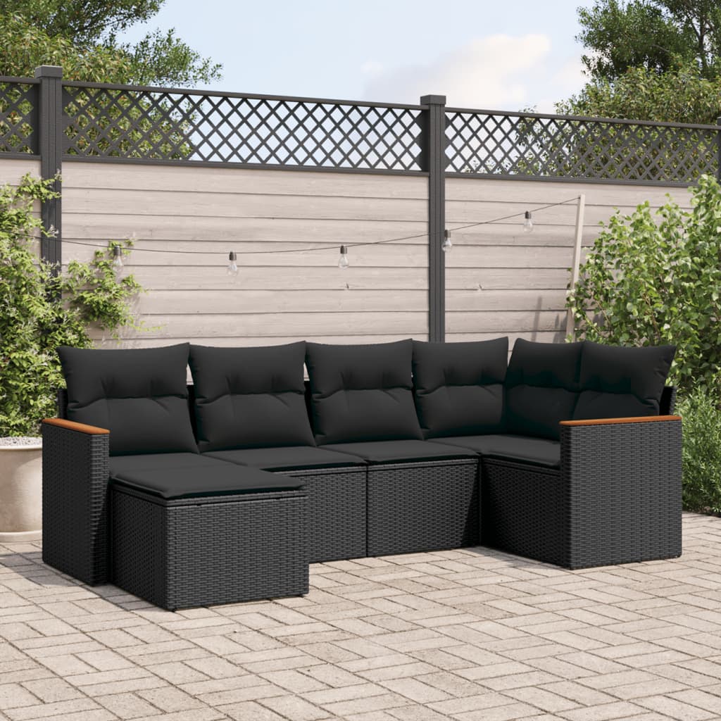 vidaXL 6-delige Loungeset met kussens poly rattan zwart