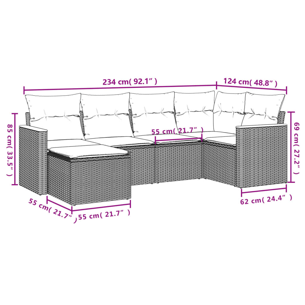 vidaXL 6-Piece Garden Sofa Set with Cushions Black Poly Rattan