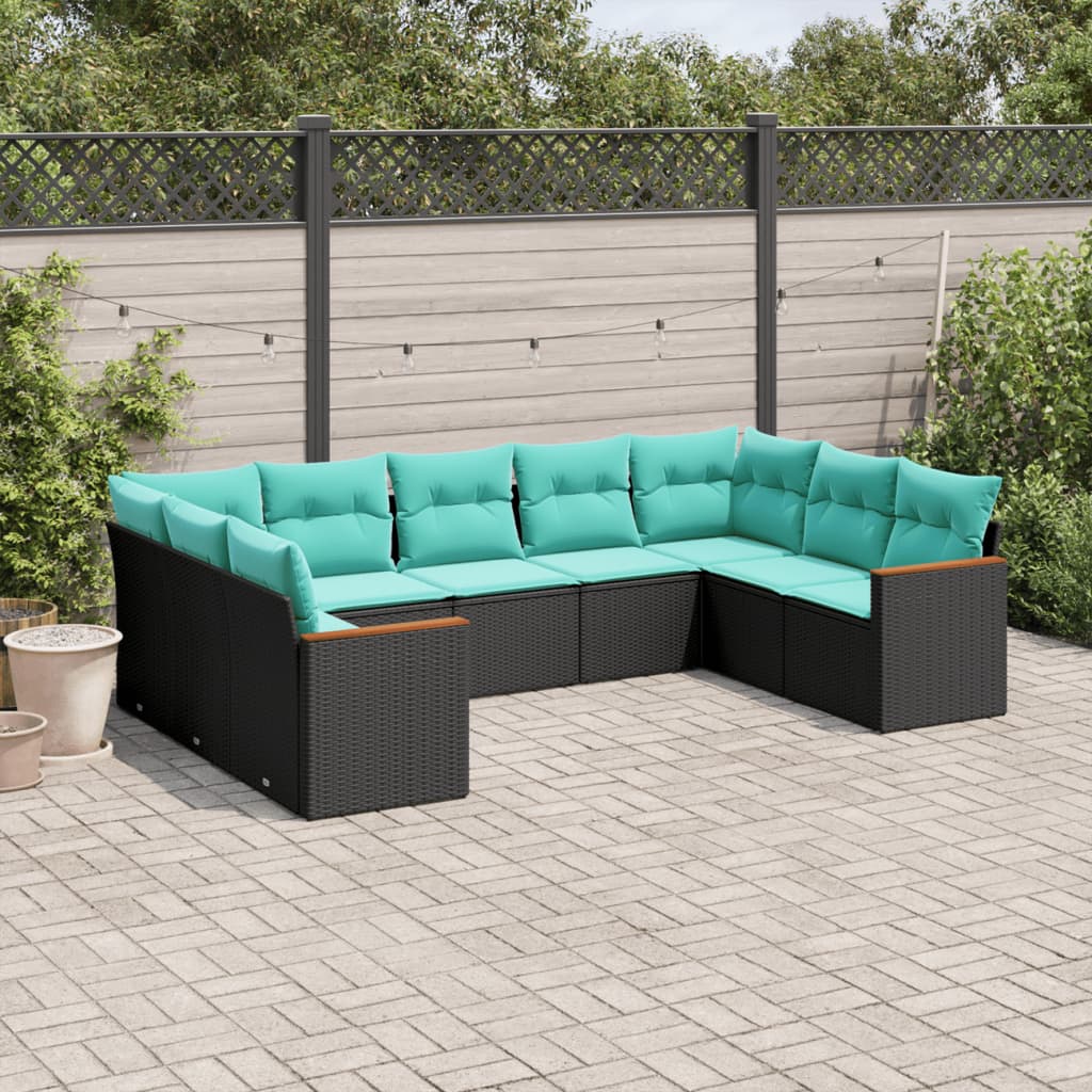 vidaXL 9-delige tuinbankset met kussens van zwart polyrotan