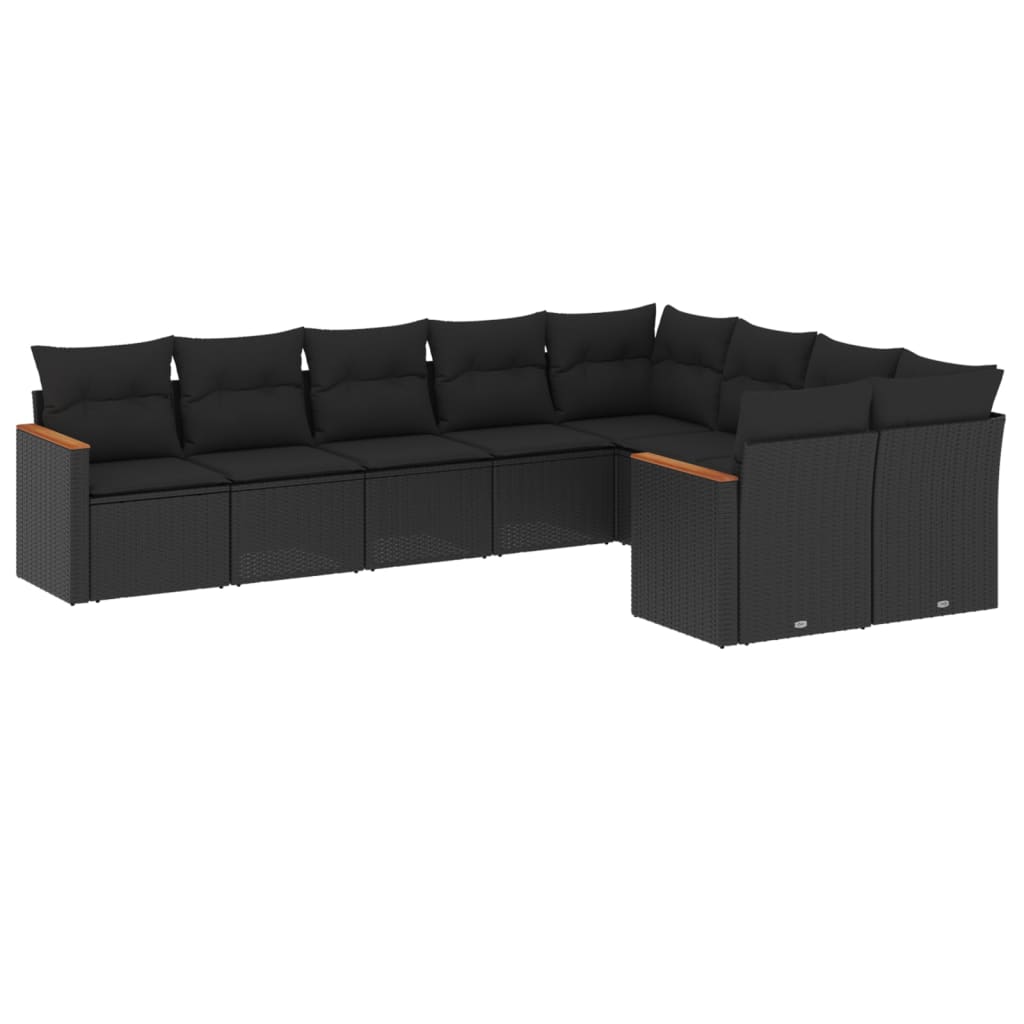 vidaXL 9-delige Loungeset met kussens poly rattan zwart
